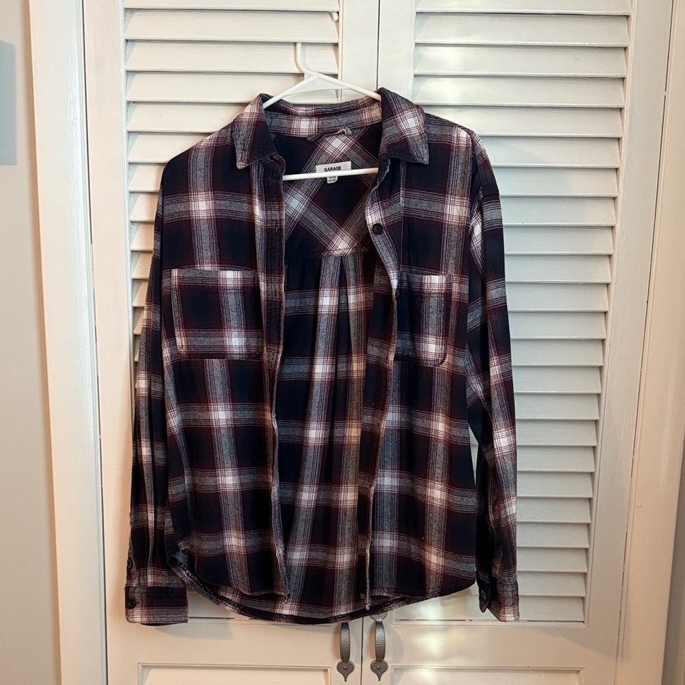 Garage Navy and Burgundy Plaid Button-Down Shirt